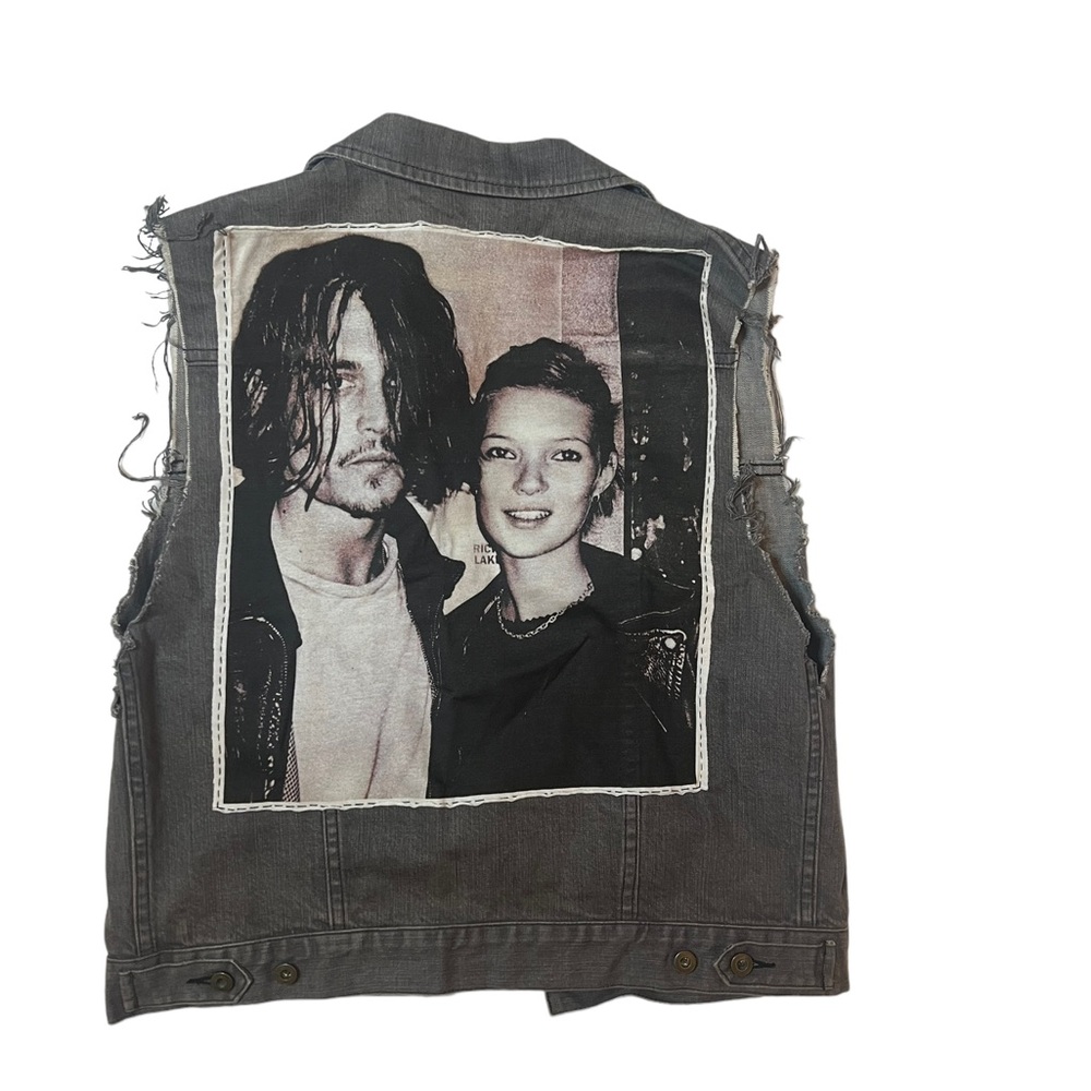 rag & bone Gray Distressed Denim Vest with Photo Back Patch